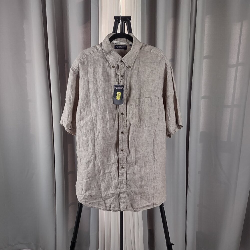 Roundtree & Yorke Men’s XL 100% Linen Button Down Shirt Tan Short Sleeve (NWT)